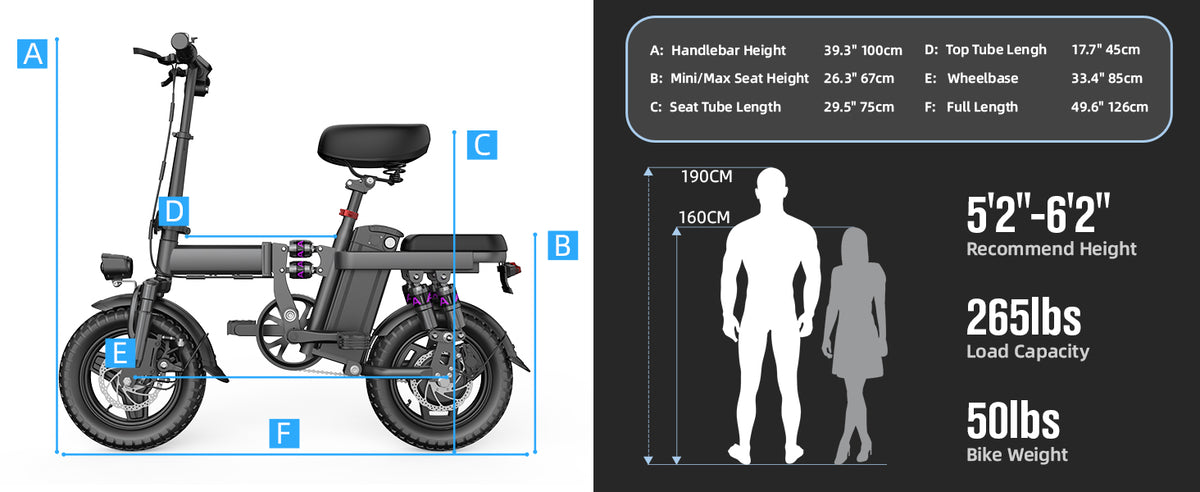 UPlee GE5 48V 15AH Battery EBike 30+MPH 250W Folding Electric Bike 30 Miles Max Range Electric Bike for Adults 14" Fat Tire