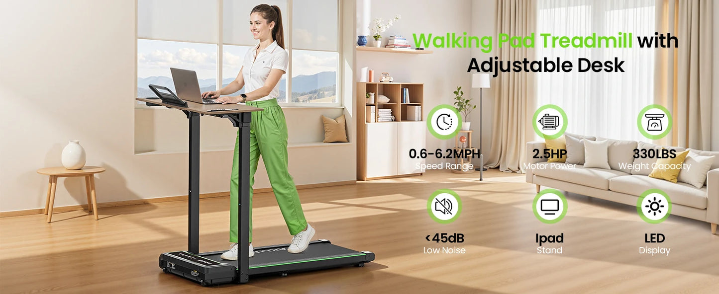 Akluer Walking Pad Treadmill with Desk for Home Office, 3-in-1 Under Desk Treadmill with Adjustable Height Desktop, 2.5HP Silent Motor, 6.2MPH Portable Running Machine 330lbs Capacity