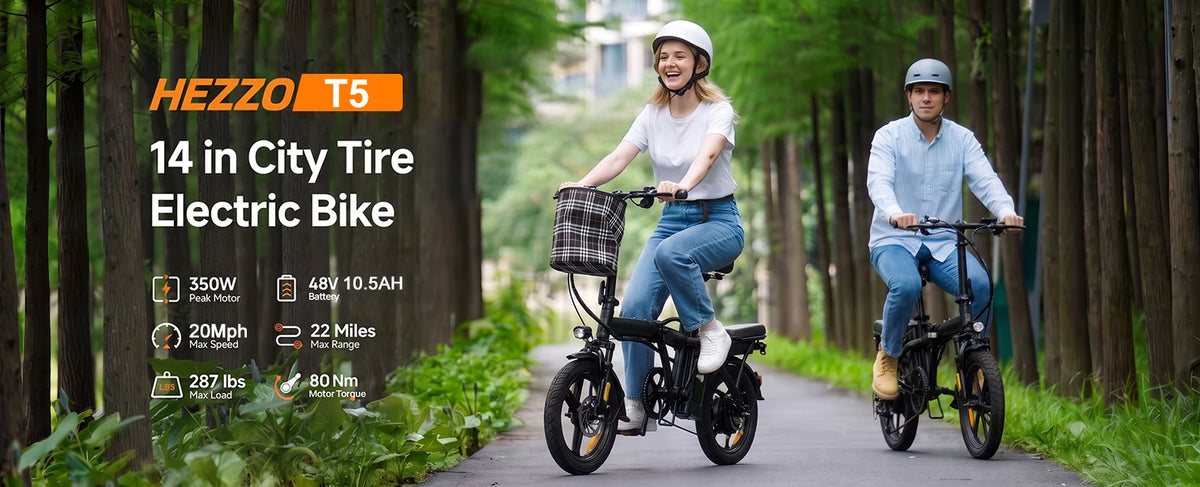 T5 14Inch Folding Electric Bike for Adult Commuters 48V 750W Peak 20MPH 18-22 Miles Range Disc Brake Lightweight E-bike