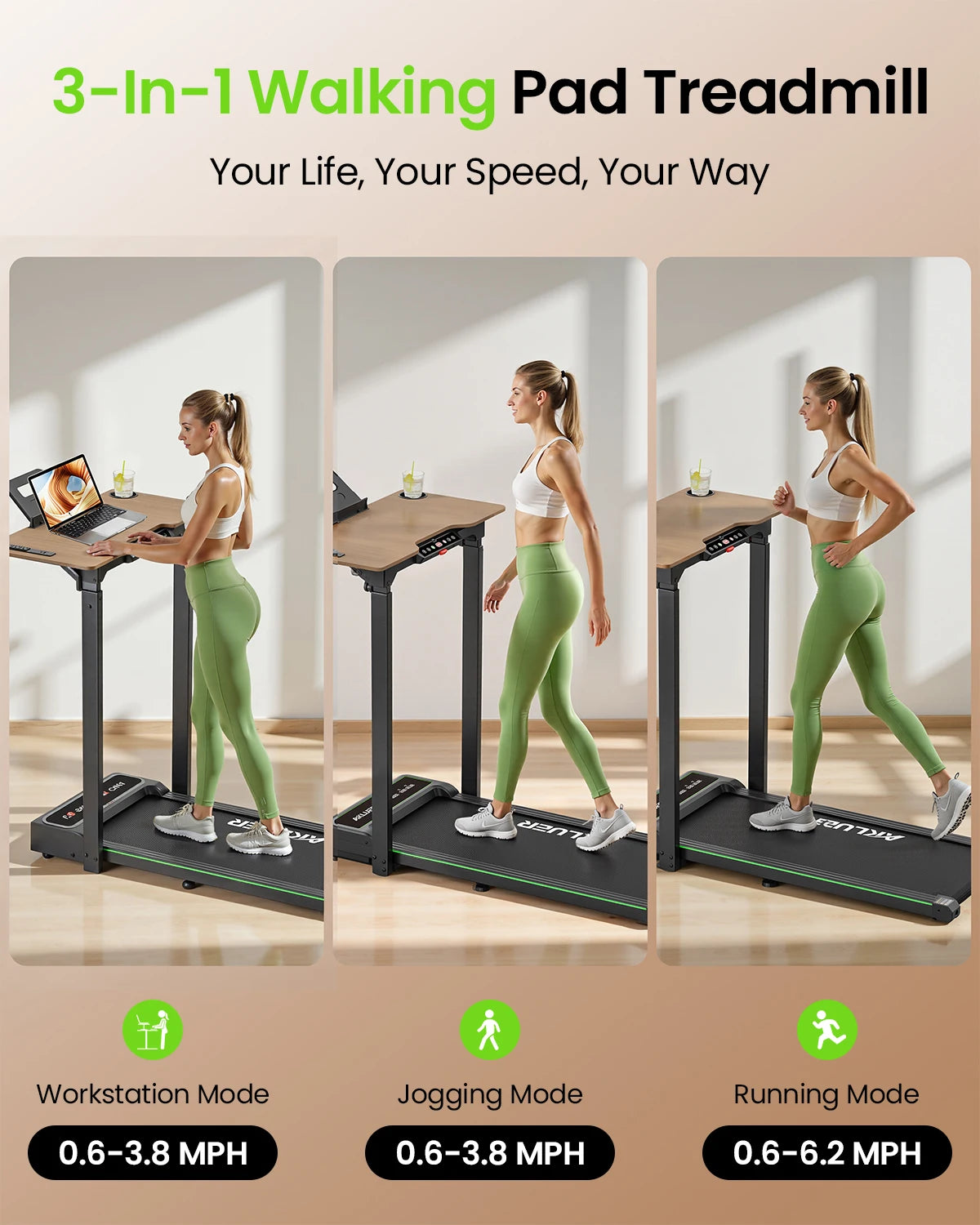 Akluer Walking Pad Treadmill with Desk for Home Office, 3-in-1 Under Desk Treadmill with Adjustable Height Desktop, 2.5HP Silent Motor, 6.2MPH Portable Running Machine 330lbs Capacity