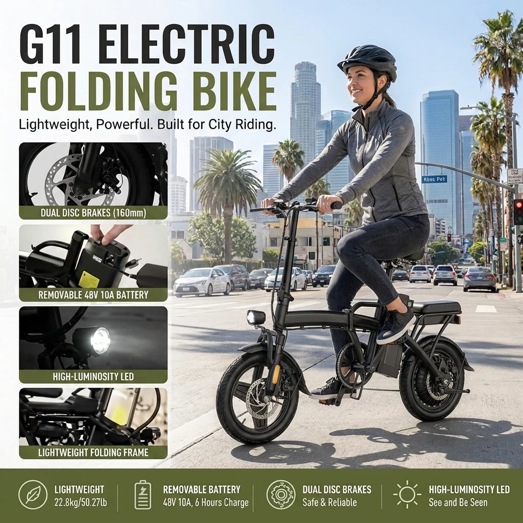 G11 14 Inch Folding Electric Bike 48V 500W 10Ah Battery Max 32km/h 3 Riding Modes Dual Disc Brake Adult Urban Commuter Foldable Ebike