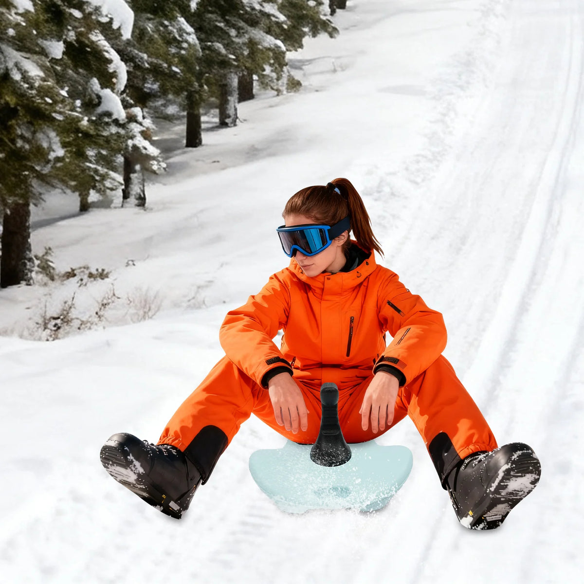 Handheld Outdoor Snow Sled Blue PE Blow Molding Thick Base 220.46lbs Max Load Ergonomic Curved Handle PE Blow Molding Ski Board Portable Pull Snow Slider For Snow Slope Ski Resort Family Outdoor