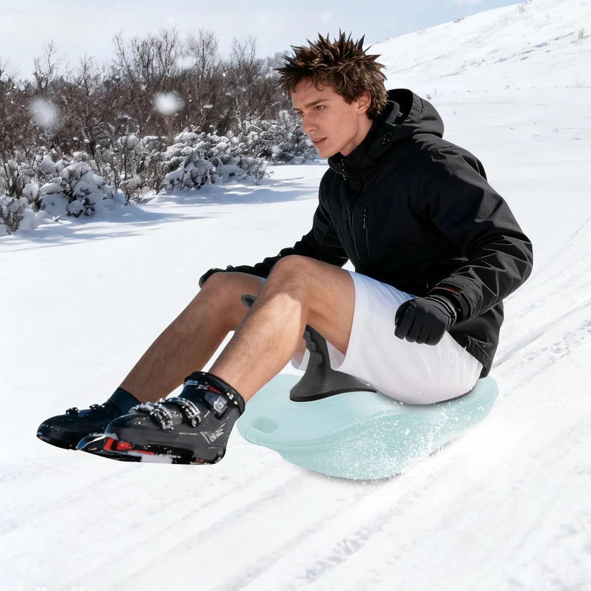 Handheld Outdoor Snow Sled Blue PE Blow Molding Thick Base 220.46lbs Max Load Ergonomic Curved Handle PE Blow Molding Ski Board Portable Pull Snow Slider For Snow Slope Ski Resort Family Outdoor