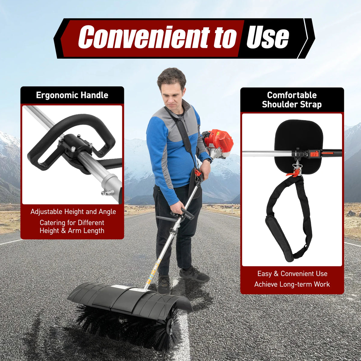 2.3HP 52CC Gas Power Walk Behind Sweeper, Hand-hold Snow Sweeper for Driveway Turf Artificial Grass