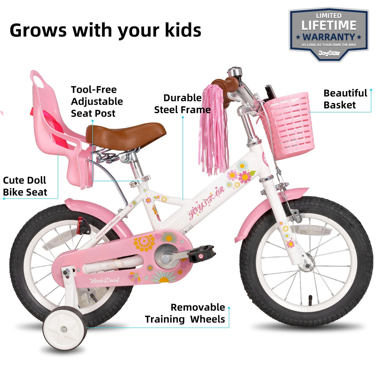 JOYSTAR Little Daisy Kids Bike for Girls Ages 2-7 Years,  Bikes with Doll Bike Seat & Streamers,Bikes with Flag & Number Plate